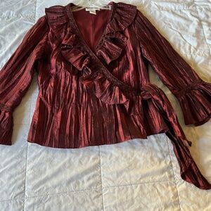Jackie Jon Red Evening Shirt 12 Top Crinkle Embellished Ruffle Wrap Tie Blouse